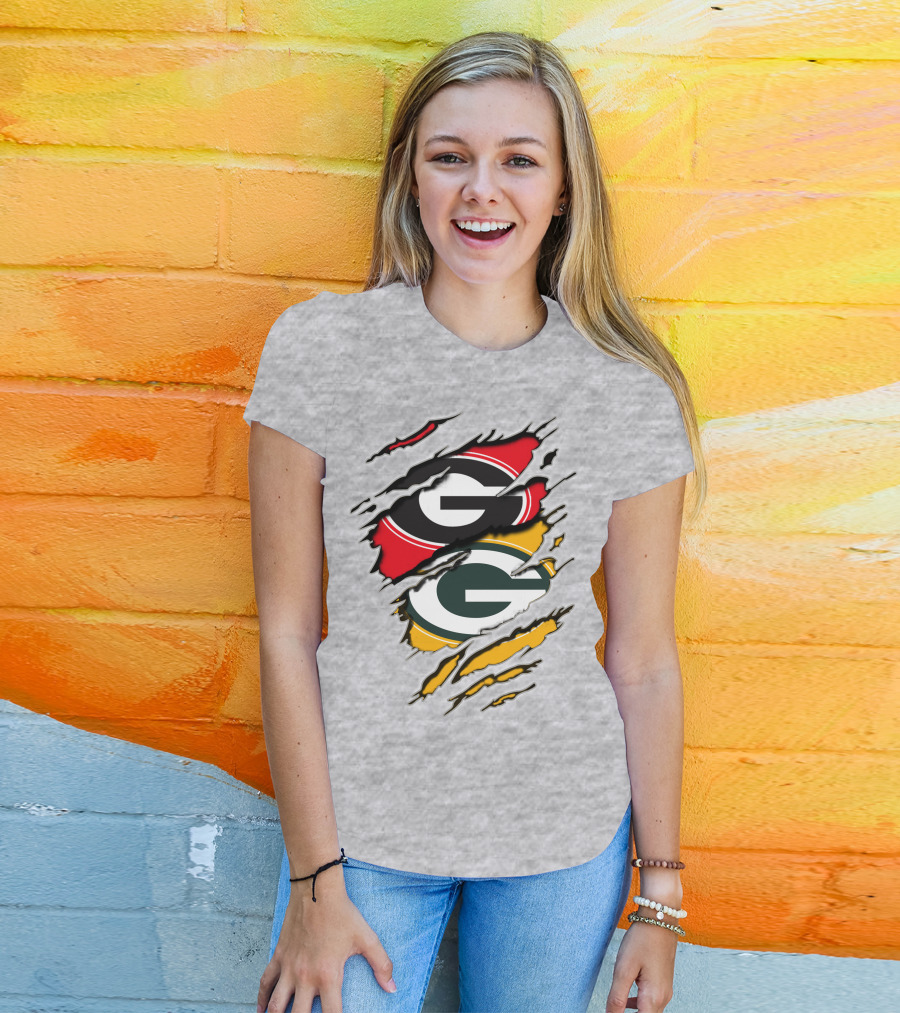 Green Bay Packers Georgia Bulldogs Dual Logo Rip Claw Marks T-Shirt