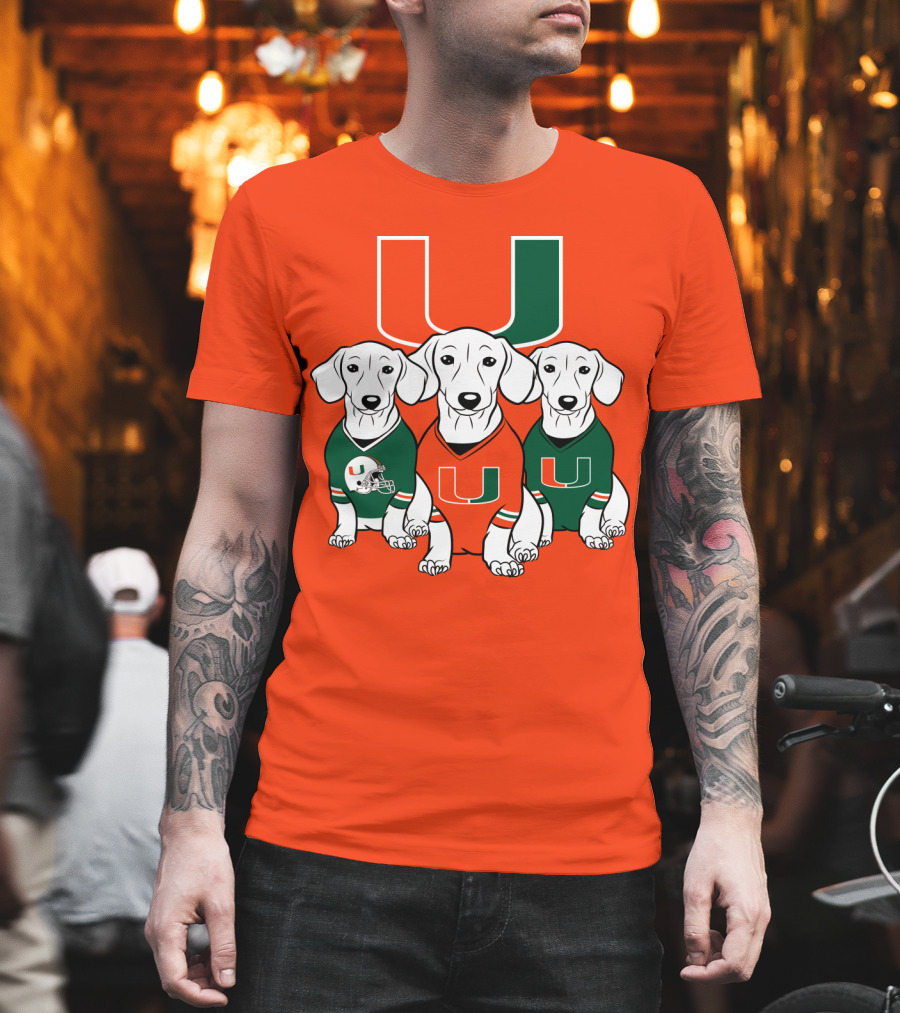 Miami Hurricanes U Logo With Dogs In Team Jerseys T-Shirt