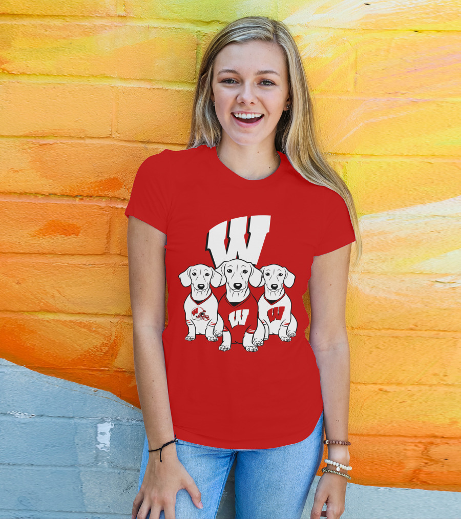 Wisconsin W Dachsund Trio Football Helmets And Jerseys T-Shirt