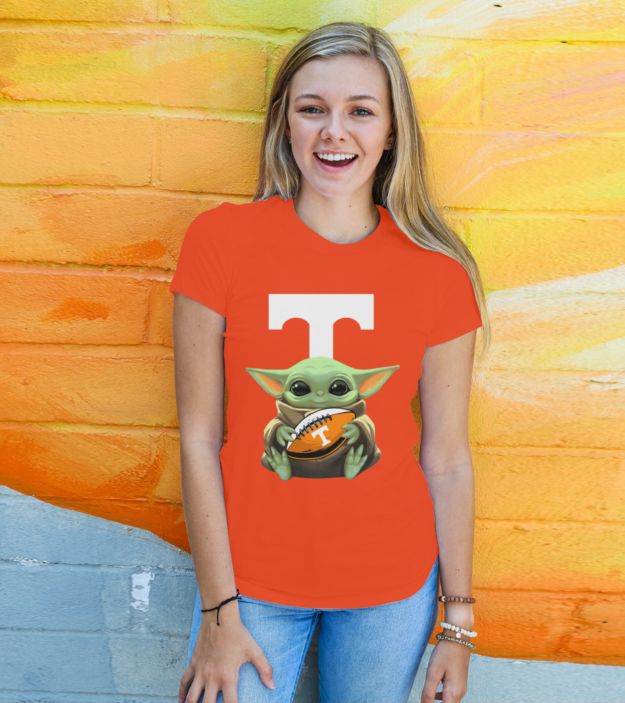 Baby Yoda Holding Tennessee Volunteers Football Ball T-Shirt