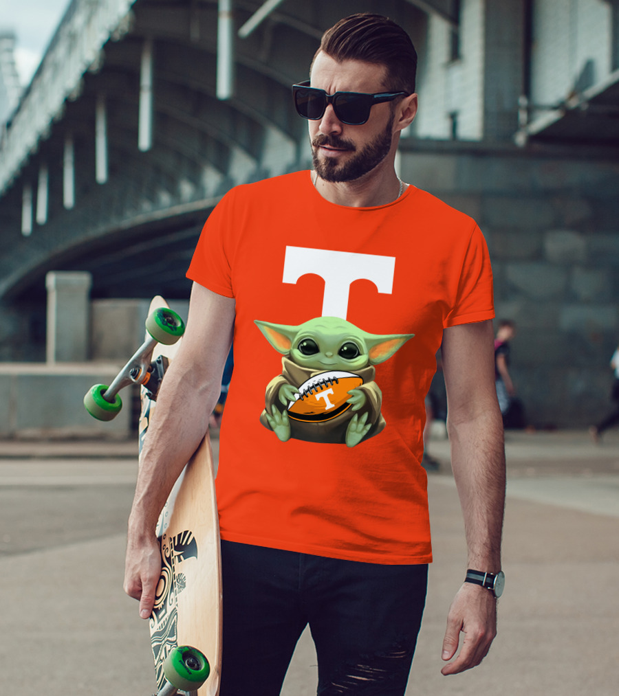 Baby Yoda Holding Tennessee Volunteers Football Ball T-Shirt