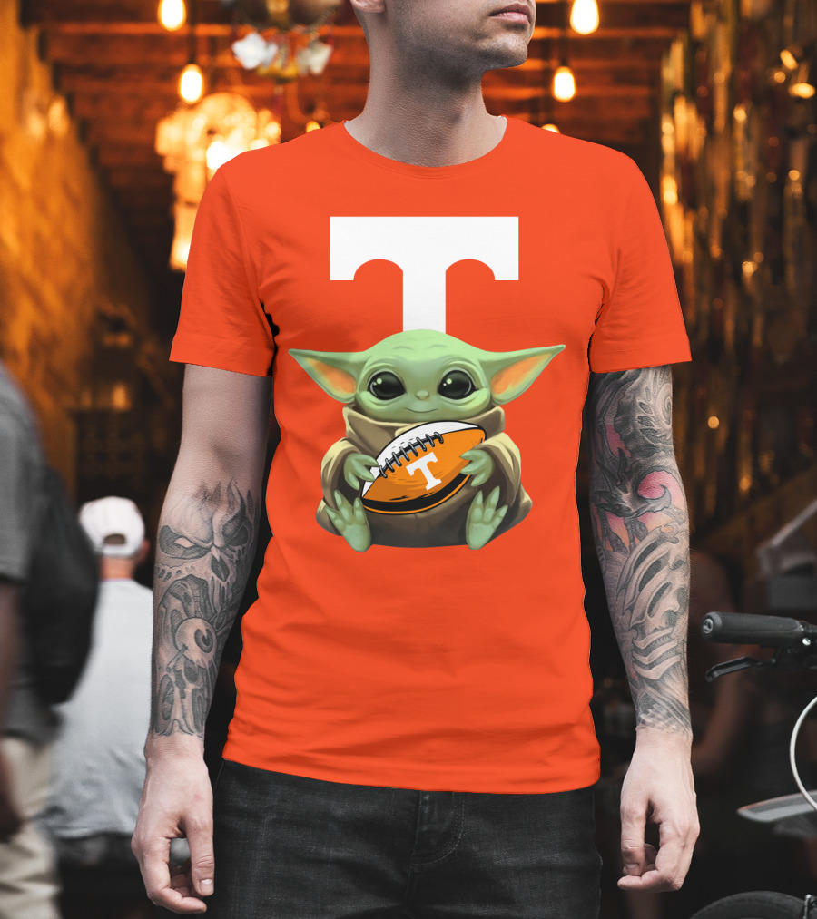 Baby Yoda Holding Tennessee Volunteers Football Ball T-Shirt