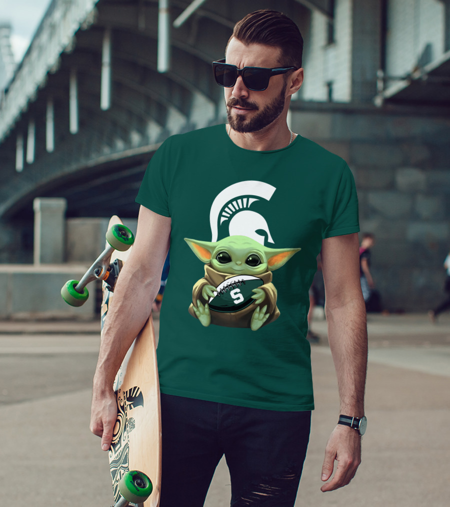 Baby Yoda Holding Football With Michigan State Spartans Helmet T-Shirt