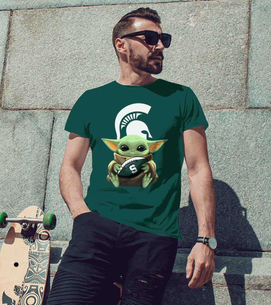 Baby Yoda Holding Football With Michigan State Spartans Helmet T-Shirt