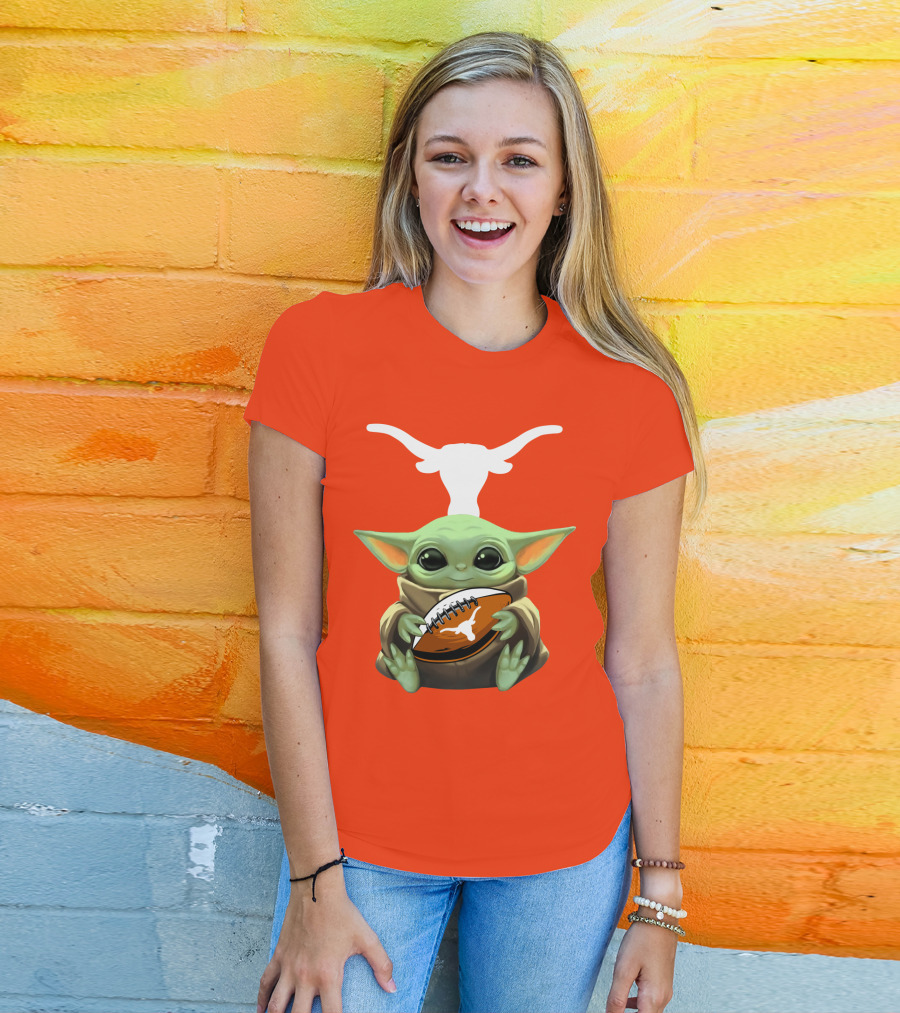 Baby Yoda Longhorns Football Logo Orange Background T-Shirt