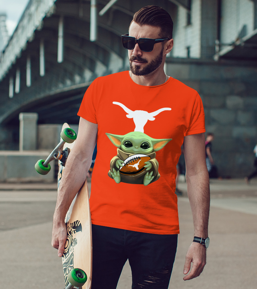 Baby Yoda Longhorns Football Logo Orange Background T-Shirt