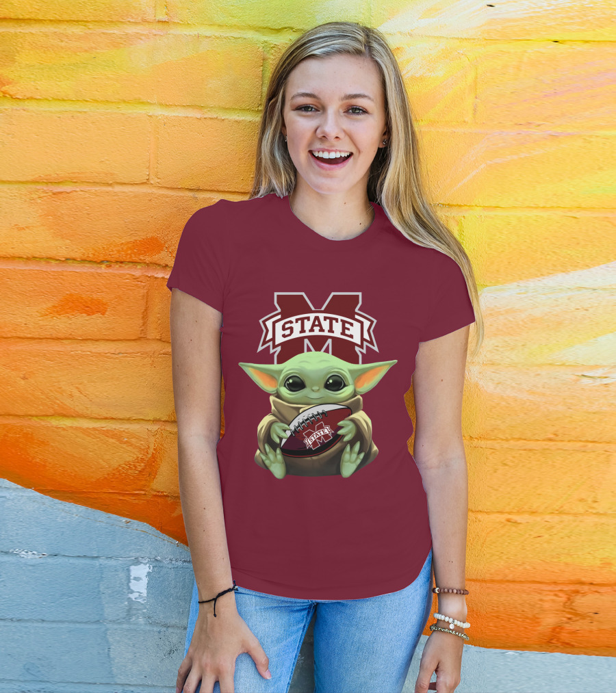 Baby Yoda Holding Mississippi State Bulldogs Football T-Shirt
