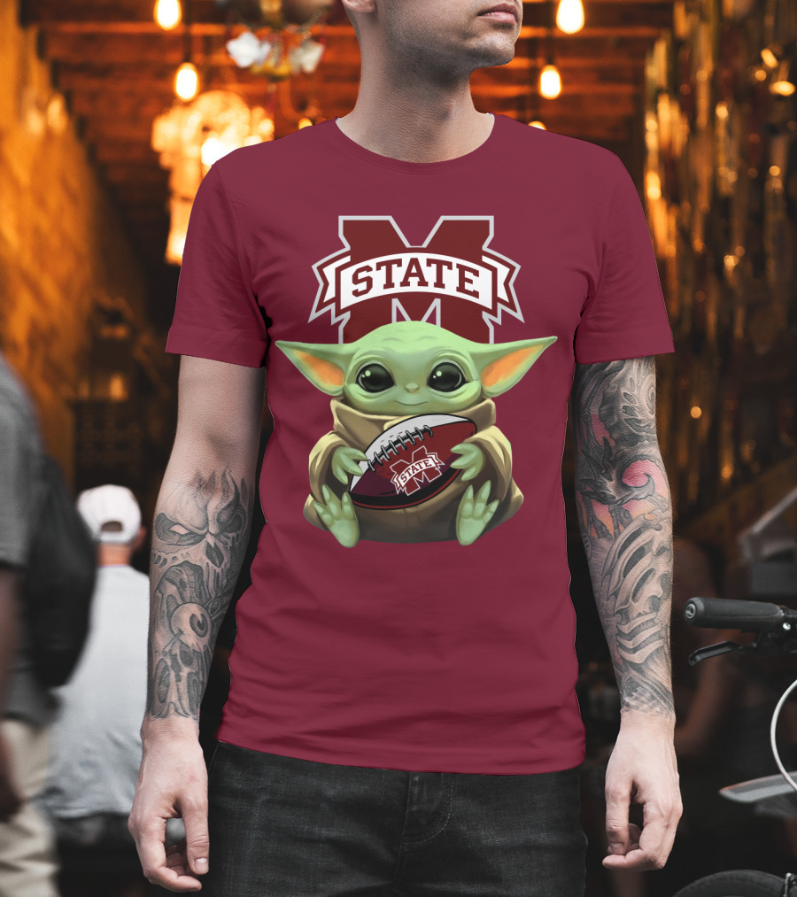 Baby Yoda Holding Mississippi State Bulldogs Football T-Shirt