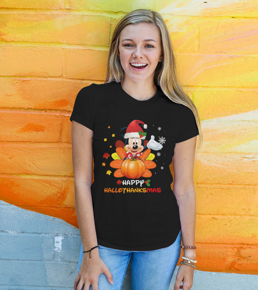 Happy Minnie HalloThanksMas Pumpkin Santa Hat Leaves Snowflakes T-Shirt