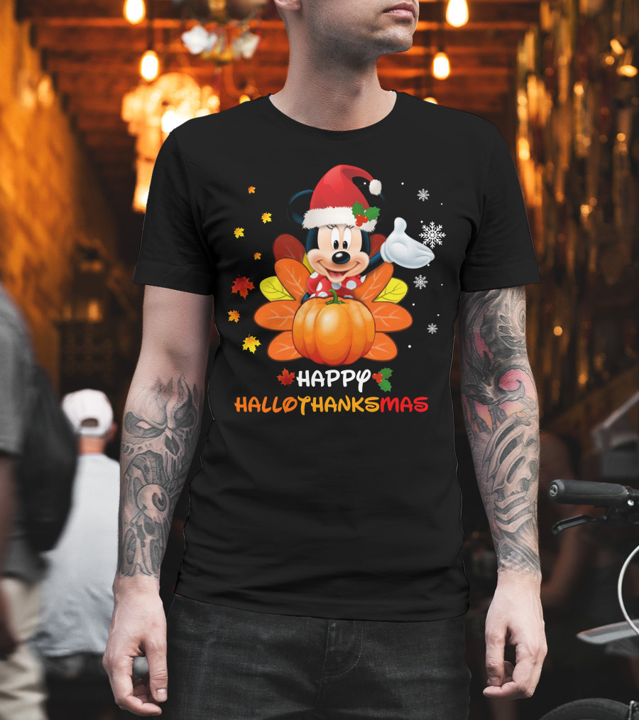 Happy Minnie HalloThanksMas Pumpkin Santa Hat Leaves Snowflakes T-Shirt