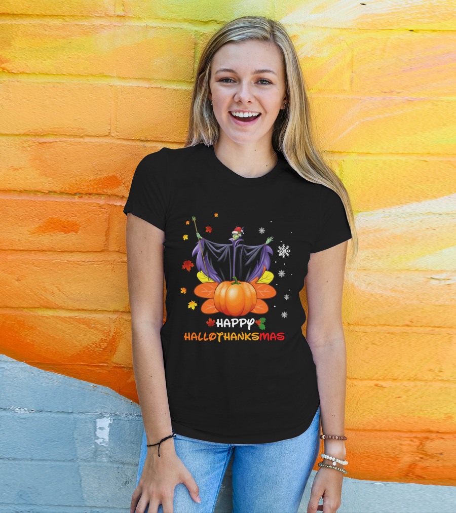 Happy Hallothanksmas Maleficent With Pumpkin And Santa Hat T-Shirt