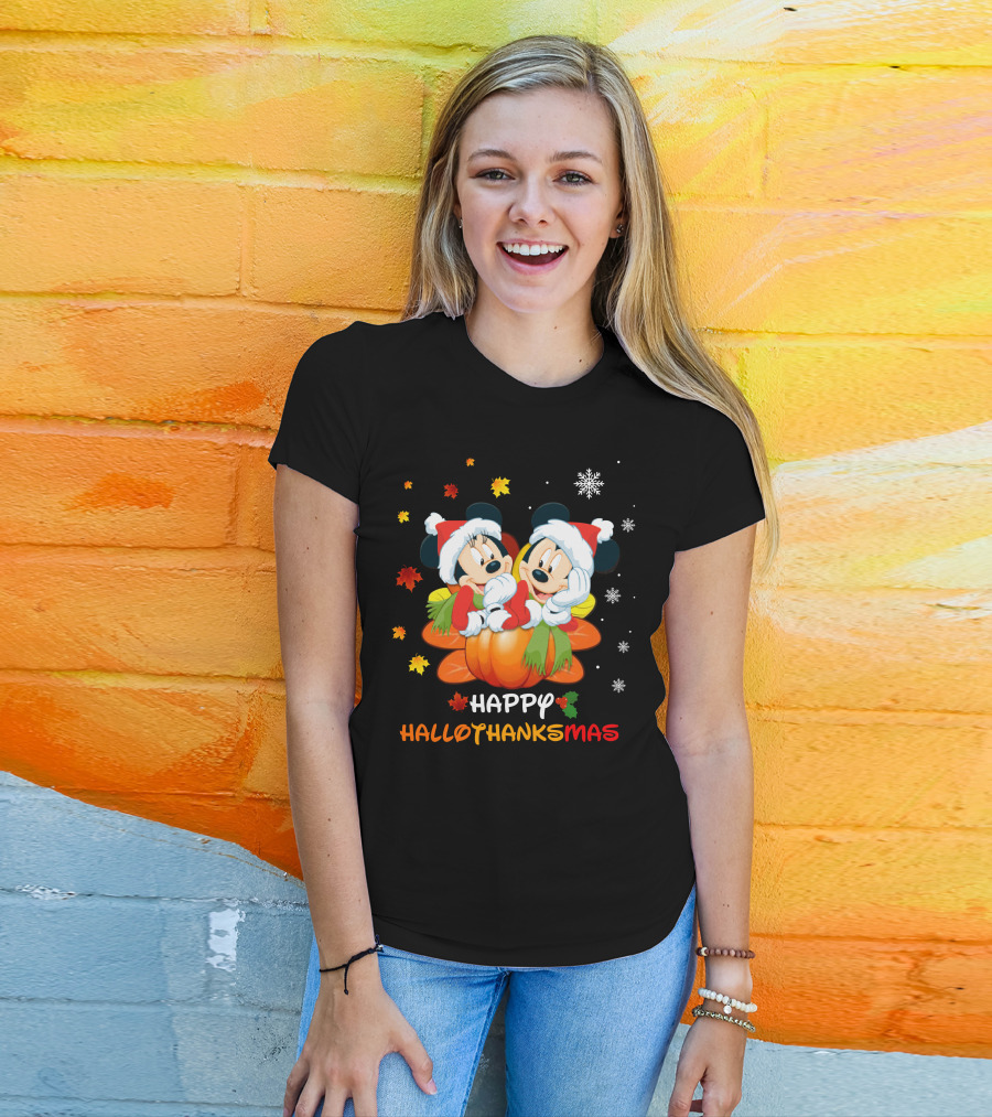 Mickey Happy HalloThanksMas Pumpkin Leaves Snowflakes T-Shirt