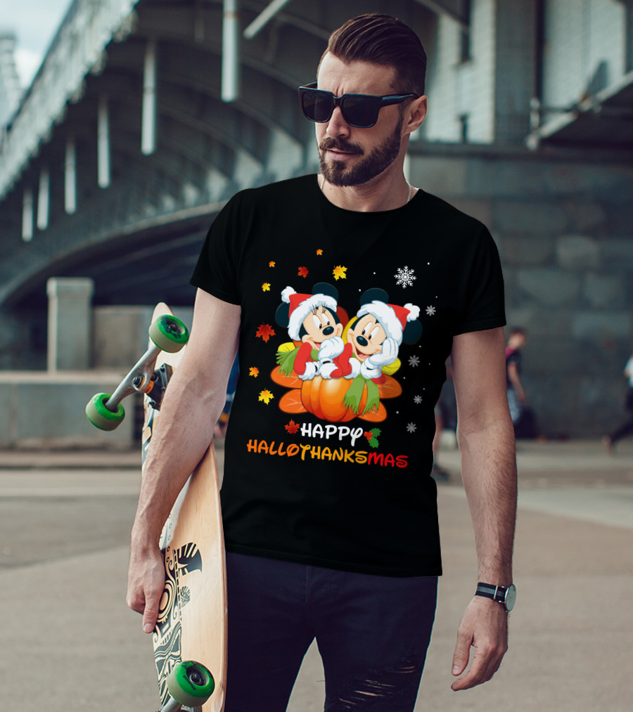 Mickey Happy HalloThanksMas Pumpkin Leaves Snowflakes T-Shirt