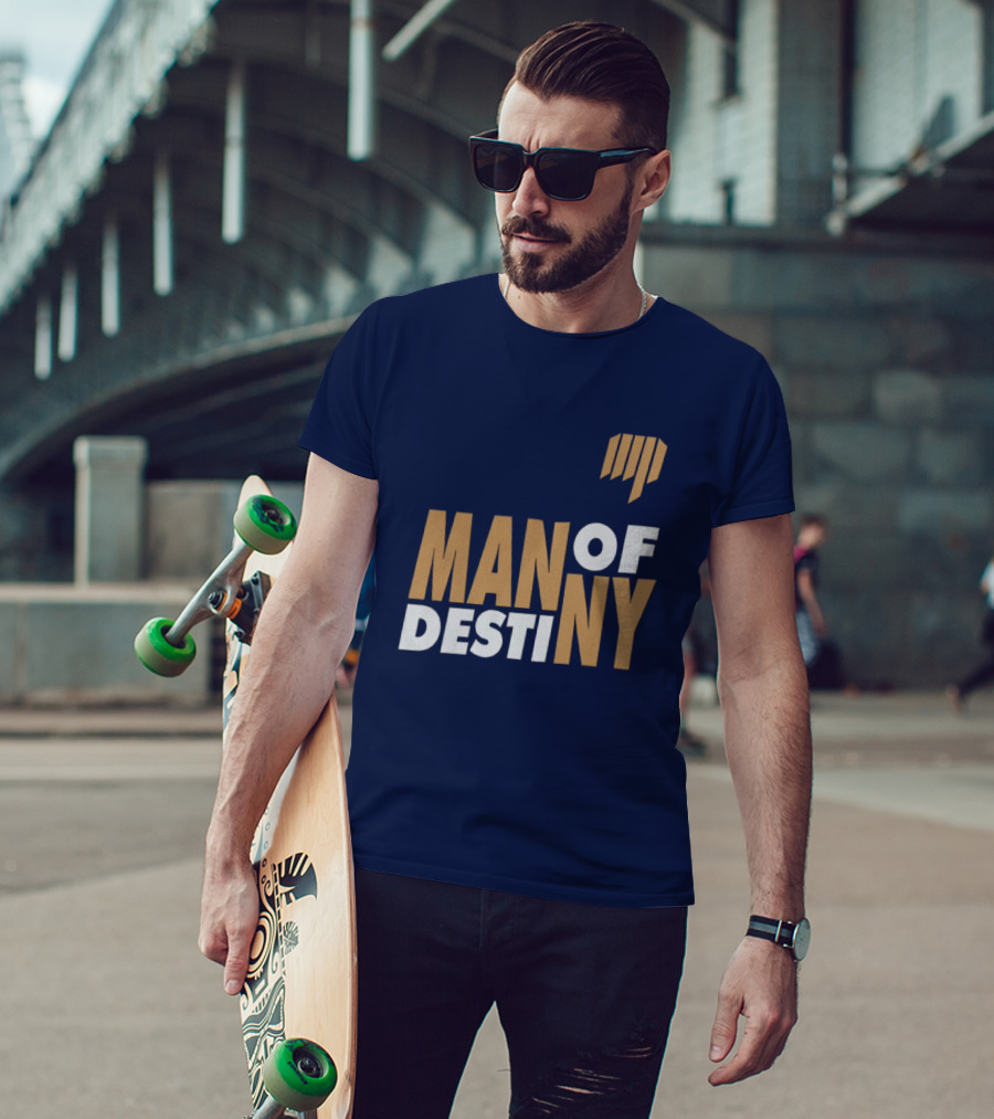 Man Of Destiny Blue And Gold Text With Vertical Stripe T-Shirt