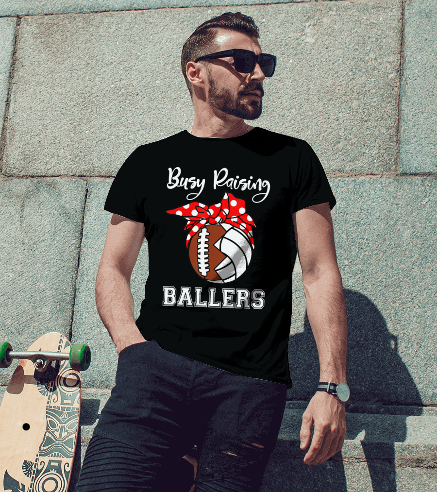 Busy Raising Ballers Football Volleyball Funny Polka Dot Bow T-Shirt