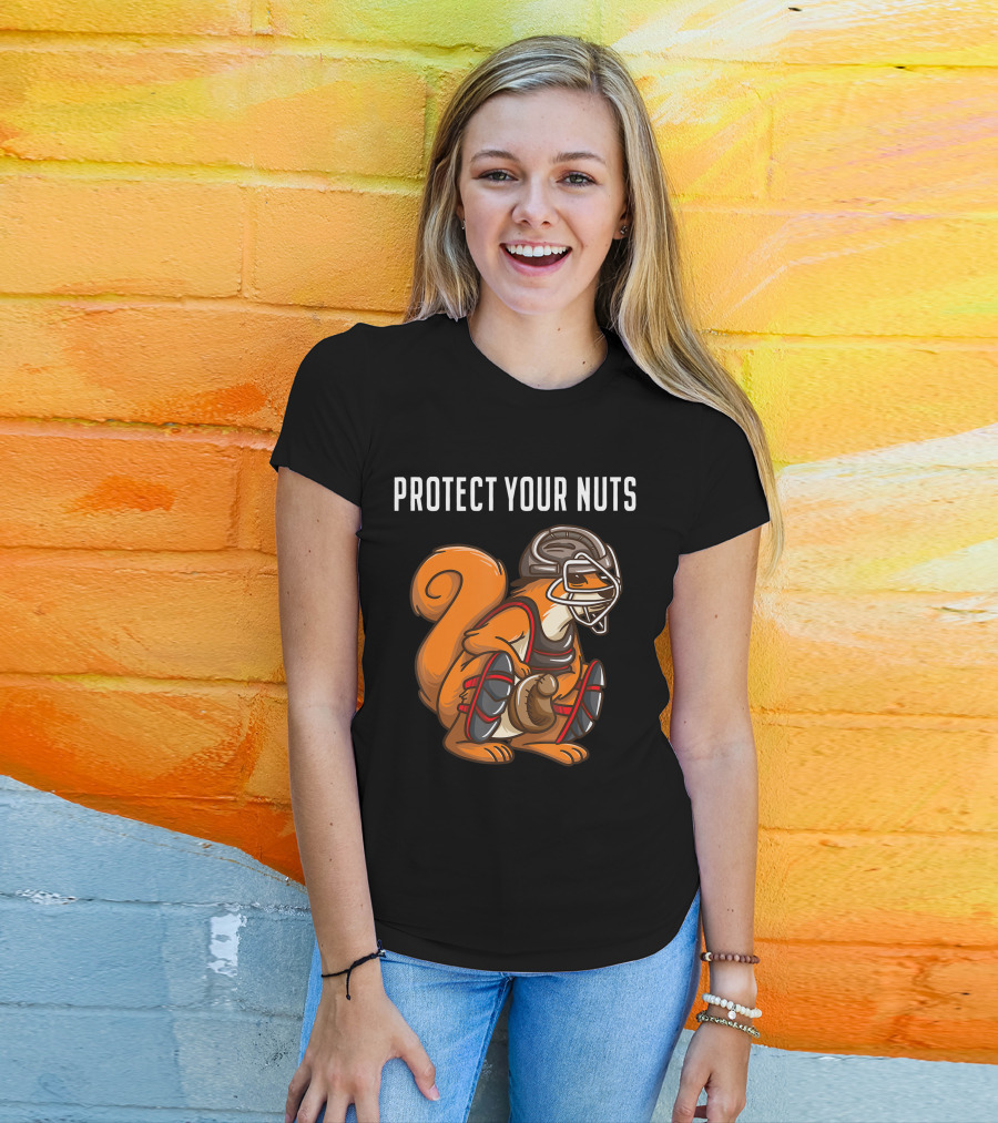 Protect Your Nuts Funny Squirrel Lover Baseball Catcher Animal T-Shirt