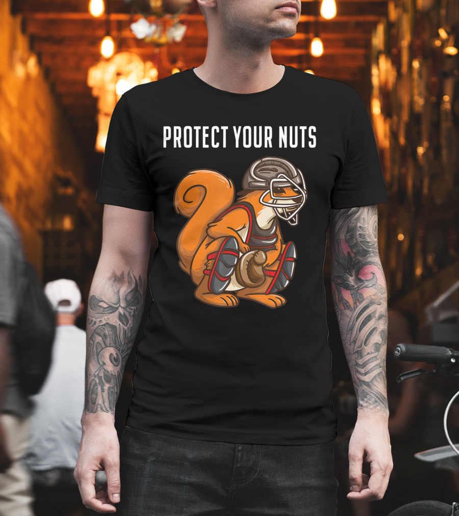 Protect Your Nuts Funny Squirrel Lover Baseball Catcher Animal T-Shirt