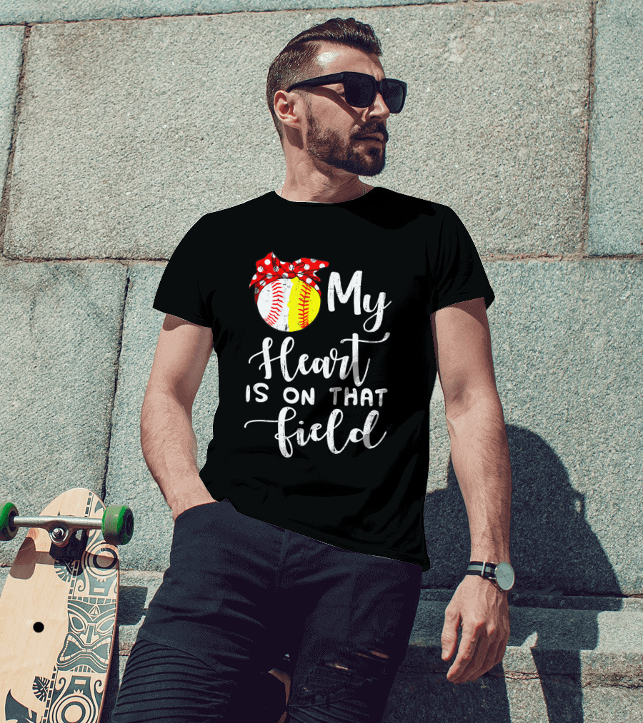 My Heart Is On That Field Baseball Softball Red Polka Dot Bow T-Shirt