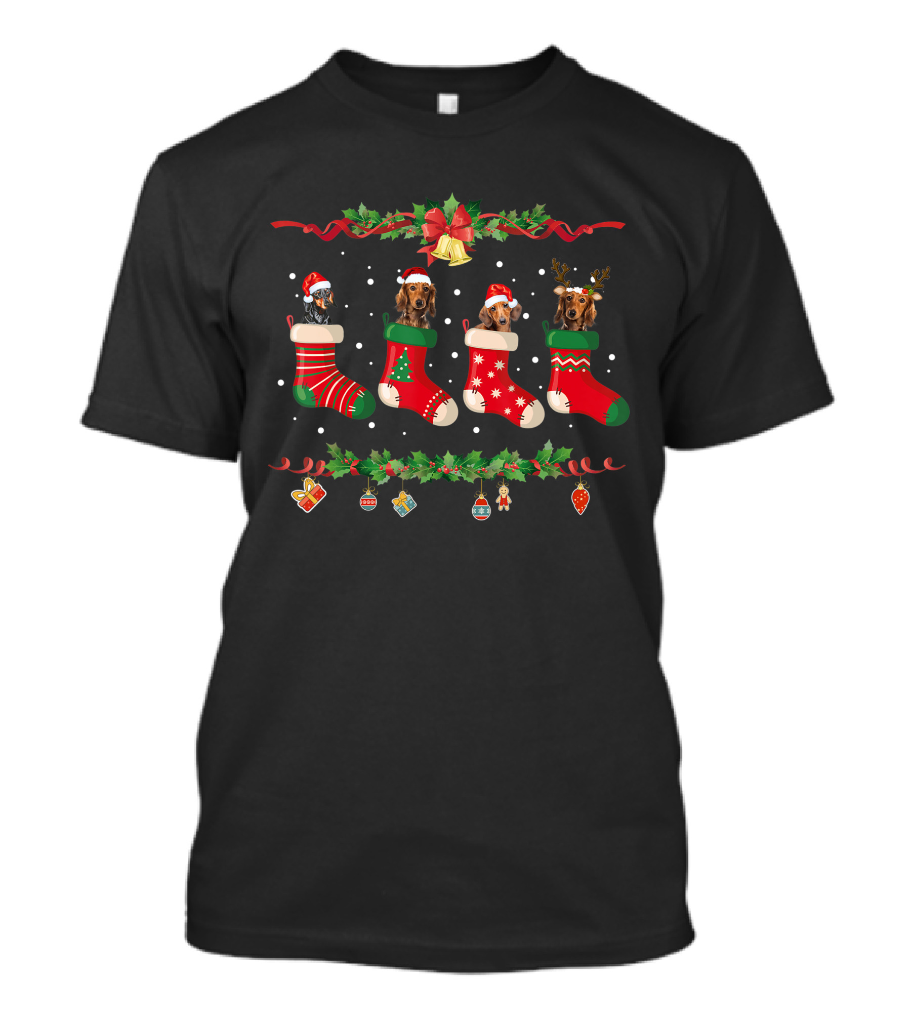 Dachshund Christmas Stocking Festive Santa Hat Reindeer Holiday Decor T-Shirt
