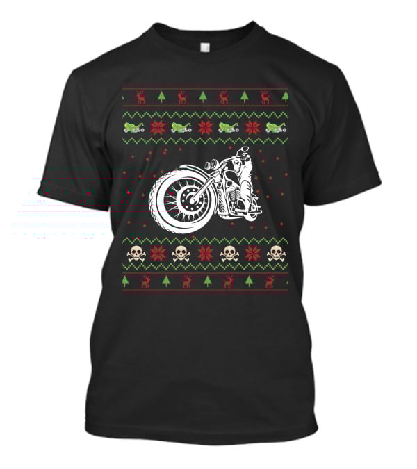 Motorbike Ugly Christmas Sweater Skulls And Reindeer T-Shirt