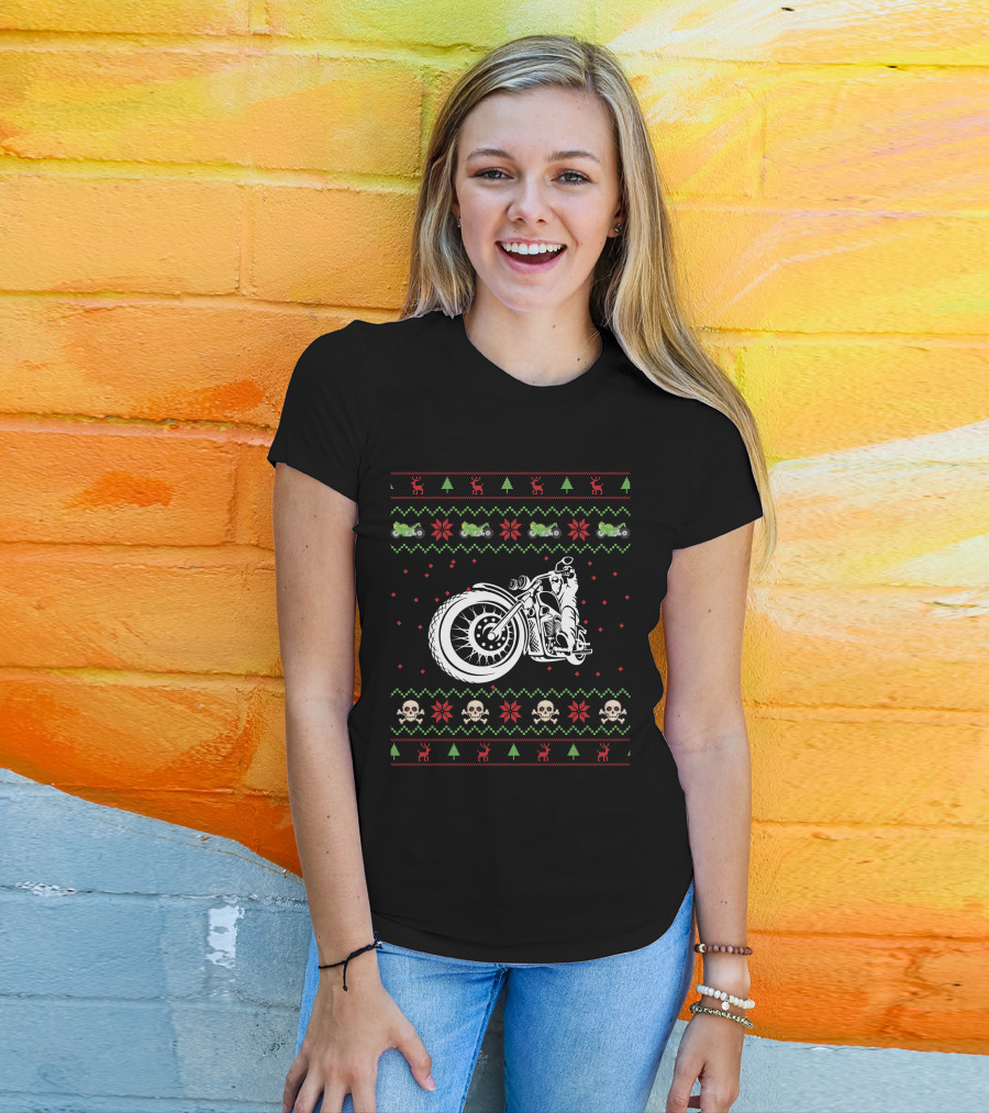 Motorbike Ugly Christmas Sweater Skulls And Reindeer T-Shirt
