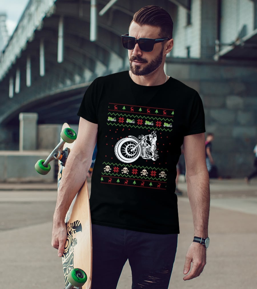 Motorbike Ugly Christmas Sweater Skulls And Reindeer T-Shirt