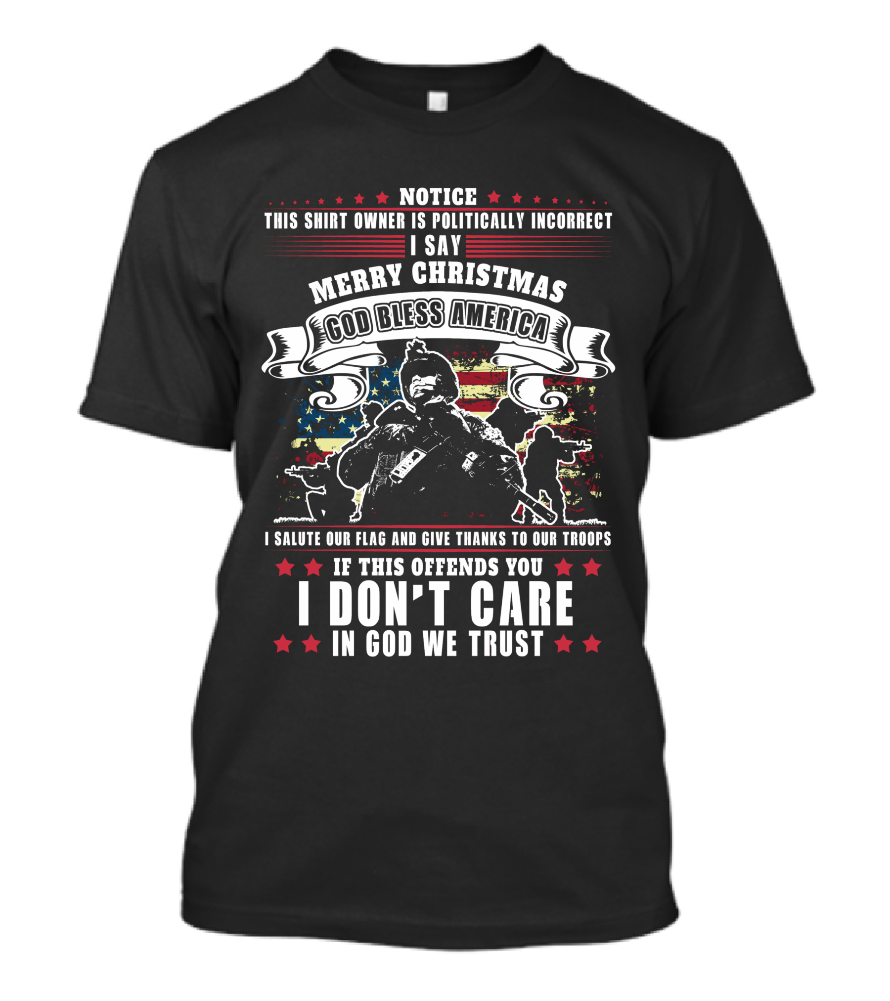 Notice This Shirt Owner Is Politically Incorrect Merry Christmas God Bless America I Salute Our Flag And Troops I Don't Care In God We Trust T-Shirt