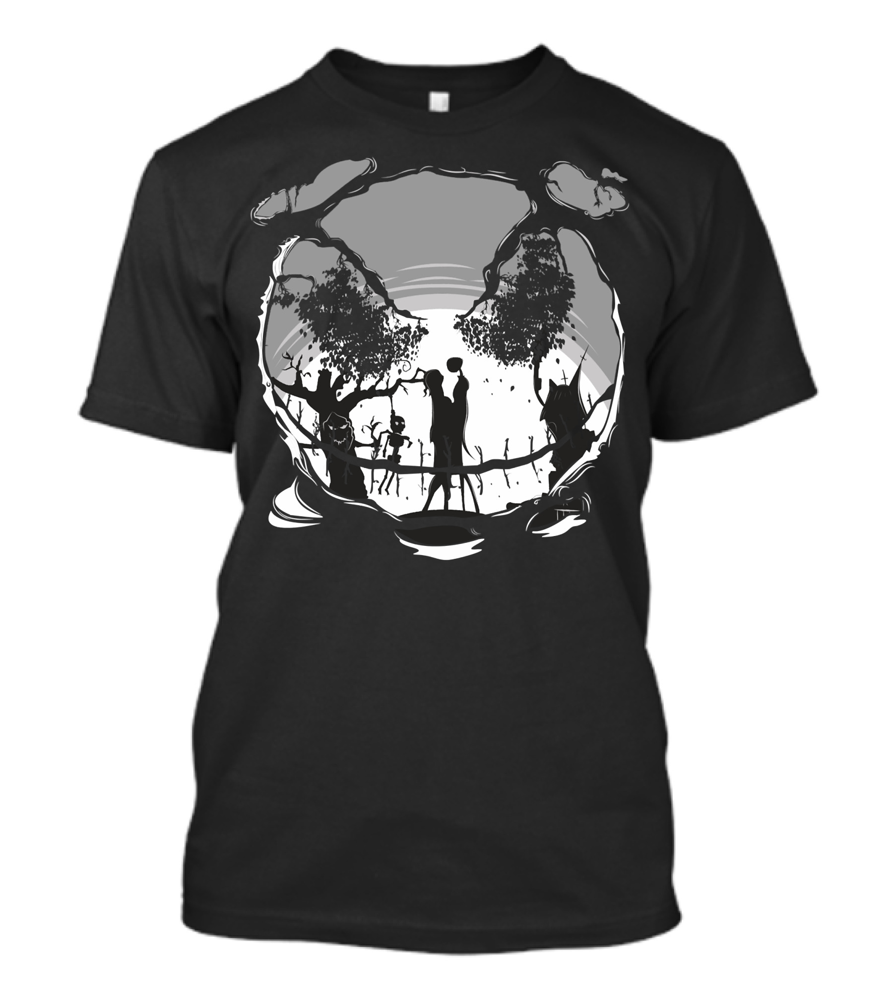 Jack And Sally Embrace In Spooky Forest Scene T-Shirt