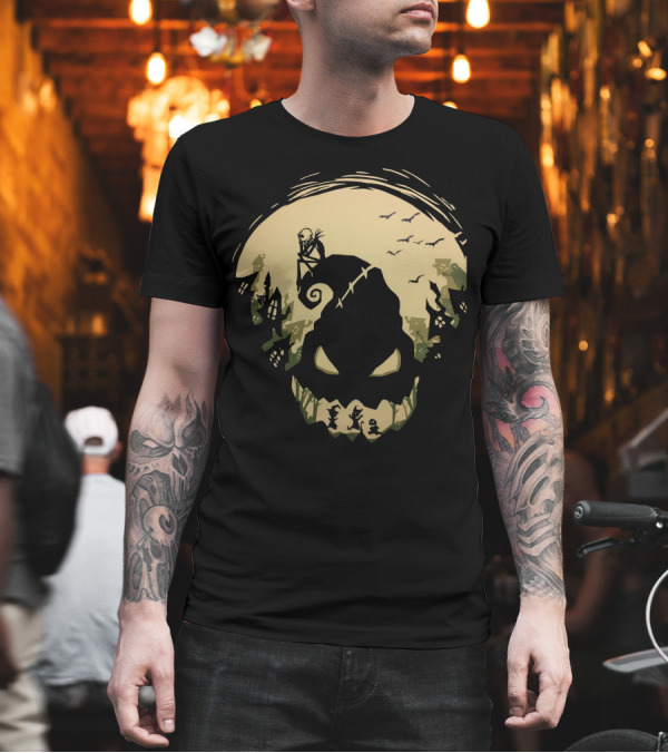 Jack Skellington Sitting on Curved Hilltop Over Oogie Boogie with Walking Figures and Bats in Spooky Moonlit Landscape T-Shirt Jack Skellington Sitting on Curved Hilltop Over Oogie Boogie with Walking Figures and Bats in Spooky Moonlit Landscape T-Shirt