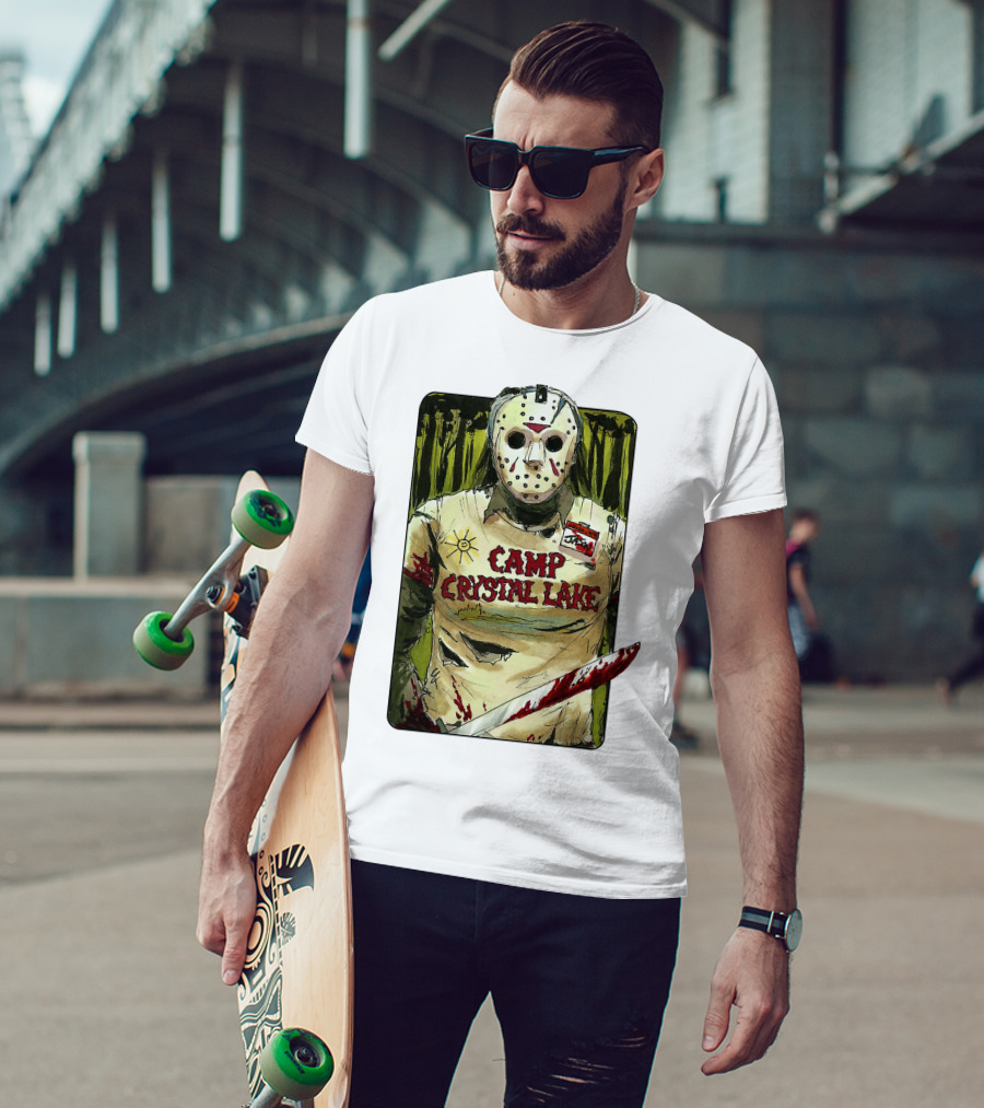 Jason Camp Crystal Lake Horror Mask Blood Stained Machete T-Shirt