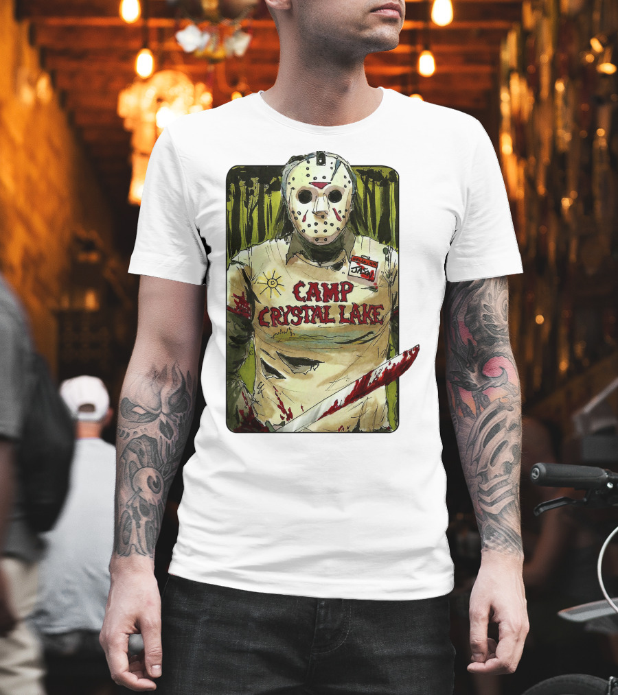Jason Camp Crystal Lake Horror Mask Blood Stained Machete T-Shirt