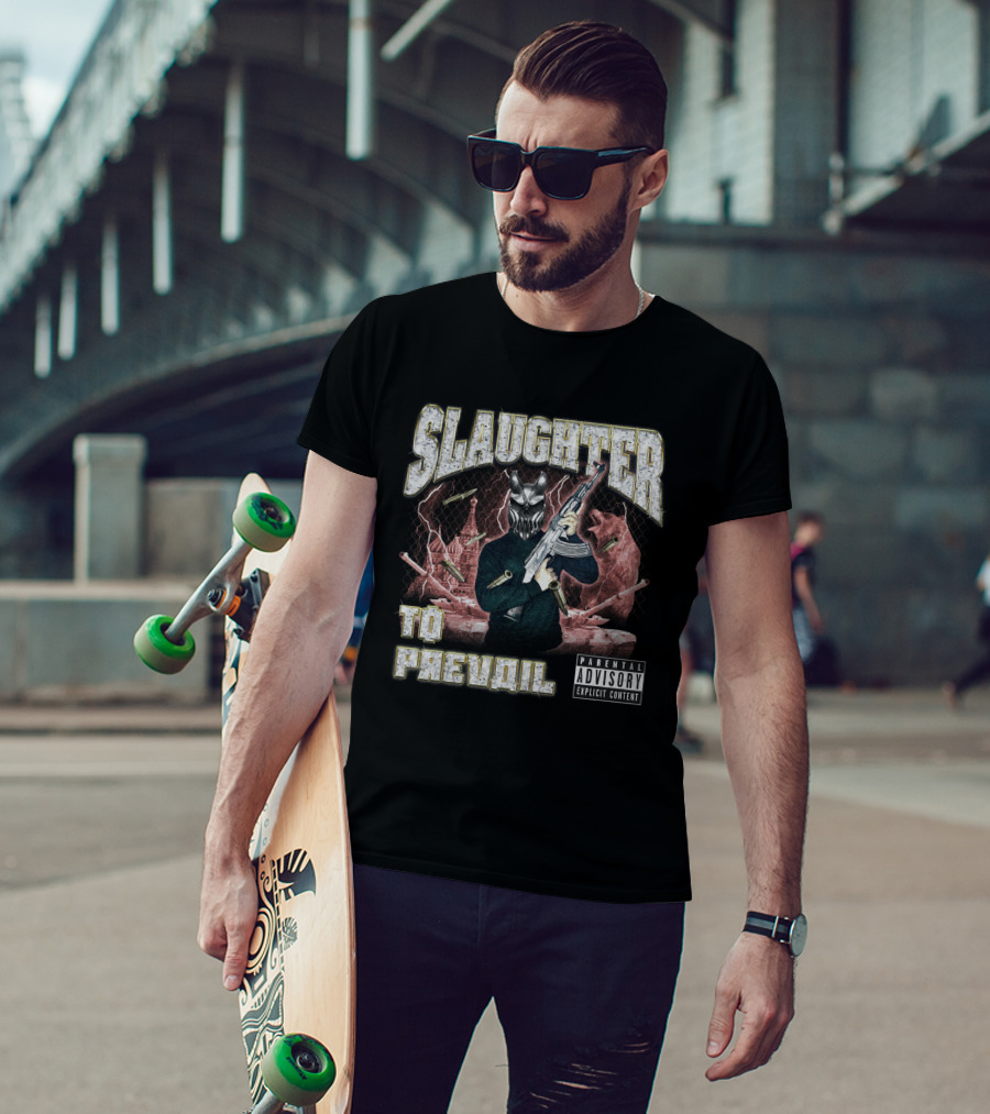 Slaughter To Prevail Explicit Content Masked Figure With Gun And Bullets T-Shirt