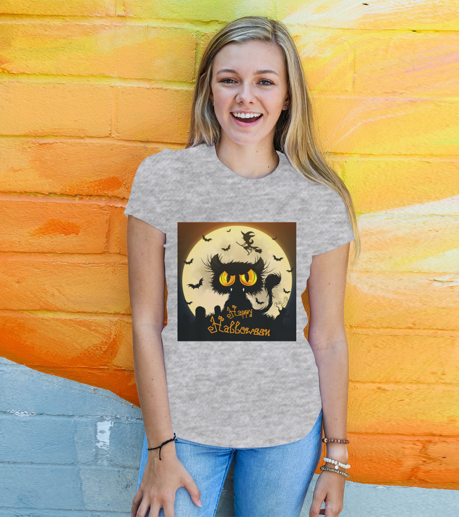 Starry Halloween Cat With Witch And Bats T-Shirt