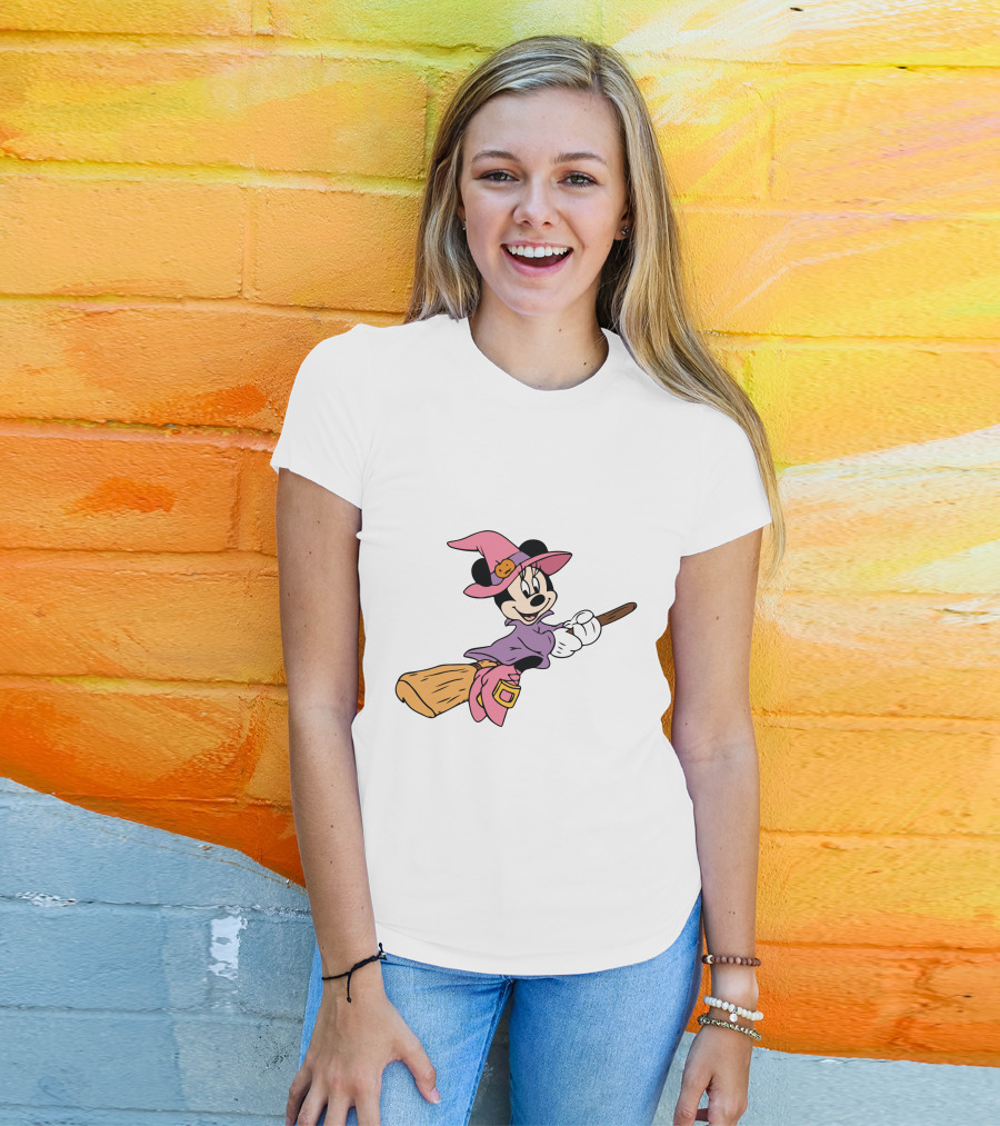 Mouse Witch Pumpkin Hat Broom Halloween Party T-Shirt