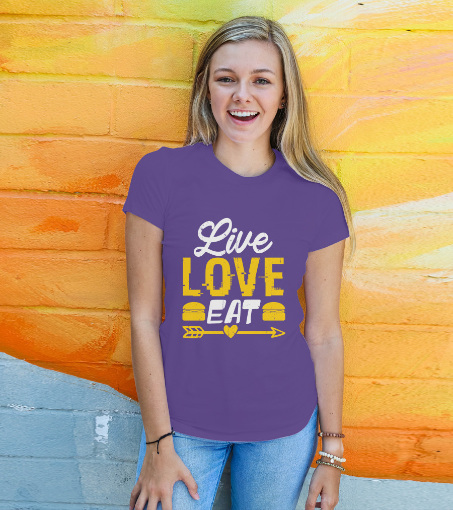 Live Love Eat With Burgers And Heart Arrow On Red T-Shirt