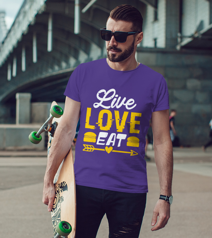 Live Love Eat With Burgers And Heart Arrow On Red T-Shirt
