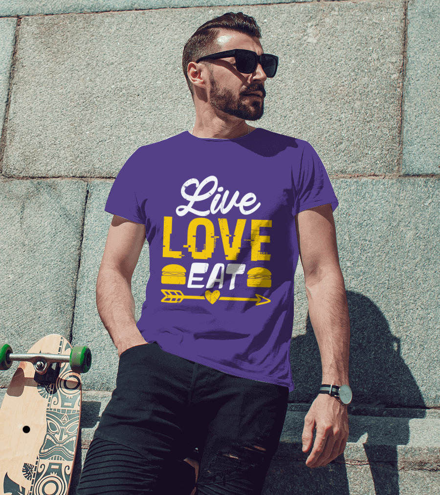 Live Love Eat With Burgers And Heart Arrow On Red T-Shirt