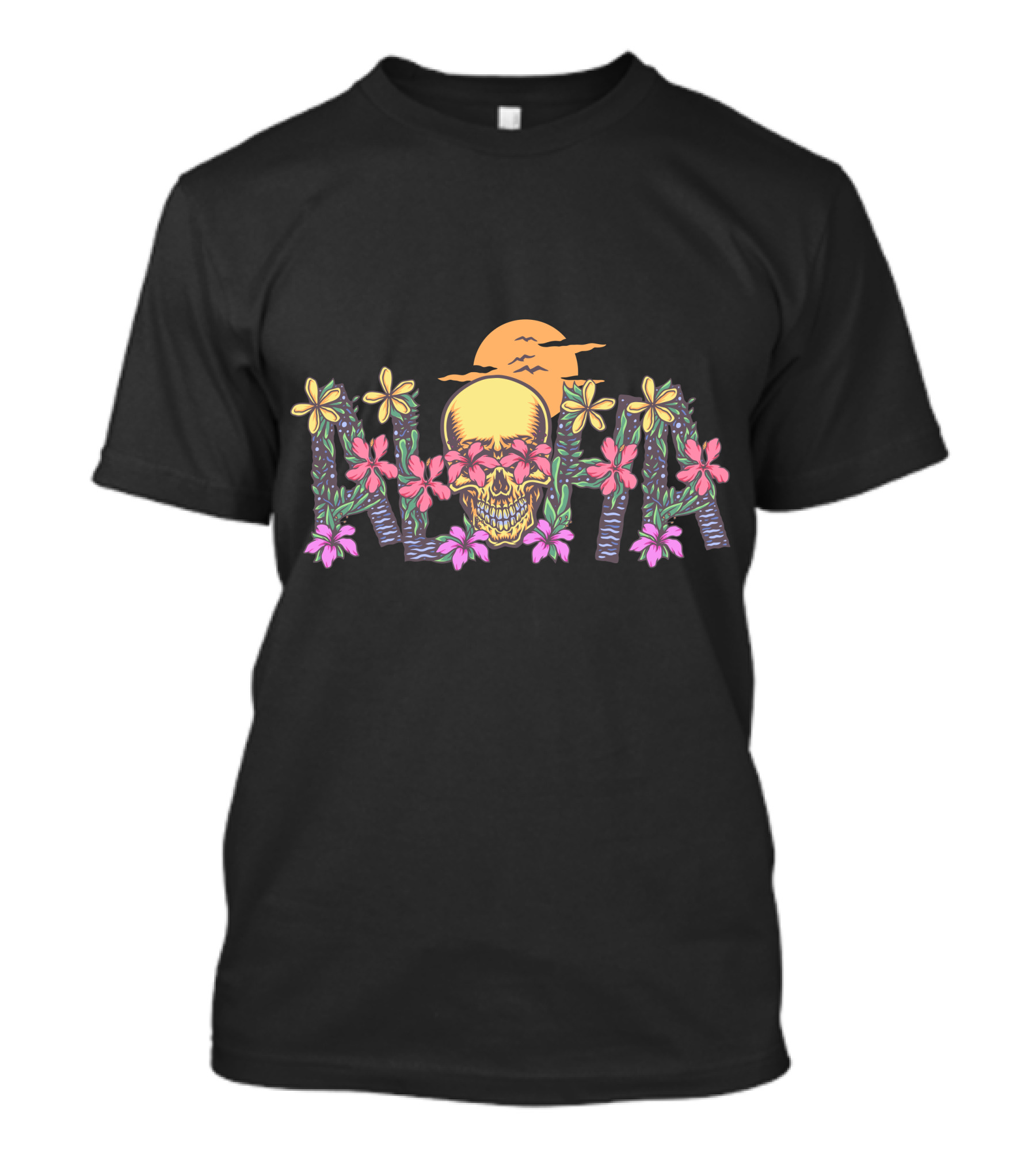 Aloha Skull Hawaii Floral Sunset T-Shirt