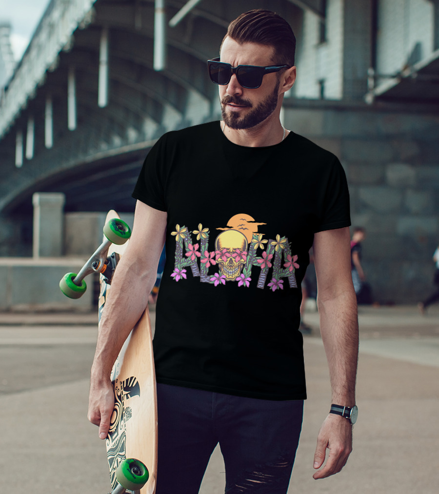 Aloha Skull Hawaii Floral Sunset T-Shirt