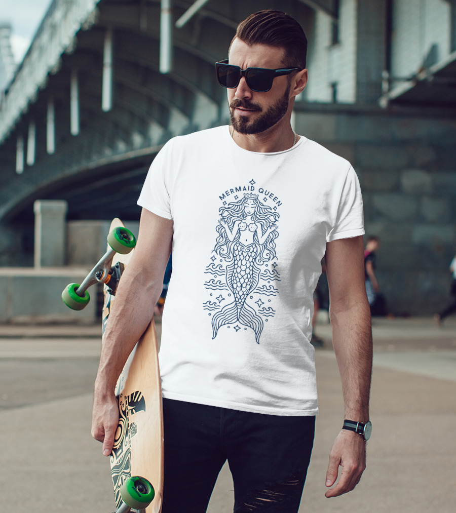 Luxury Shining Monoline Mermaid Queen With Crown And Flowing Waves T-Shirt