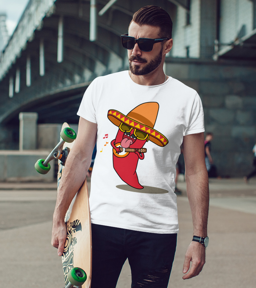 Mexican Chili Pepper Playing Guitar In Sombrero T-Shirt