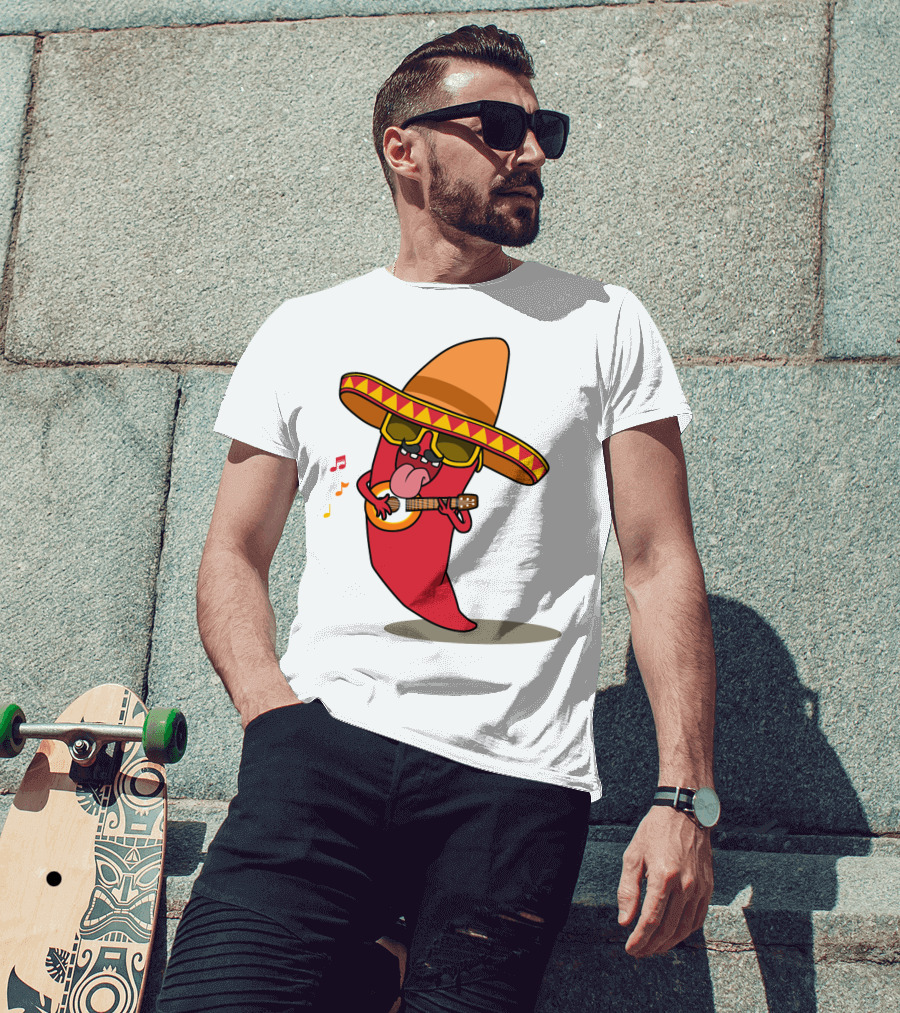 Mexican Chili Pepper Playing Guitar In Sombrero T-Shirt