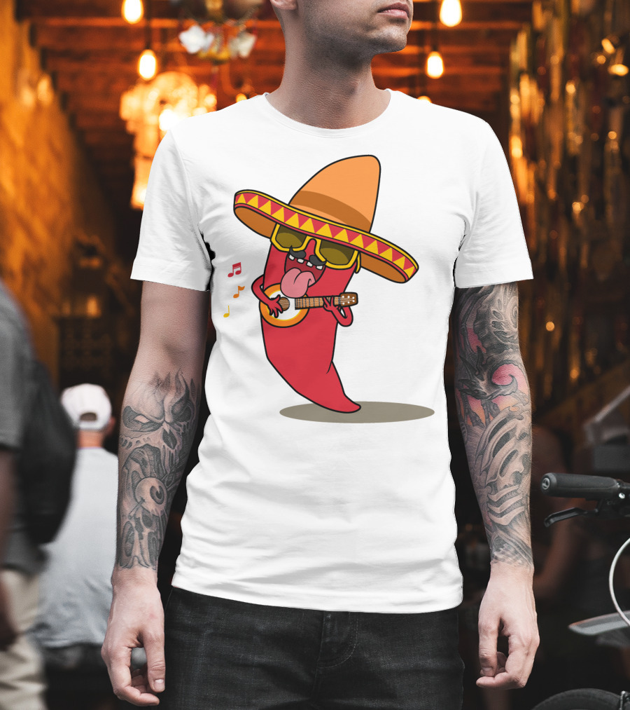 Mexican Chili Pepper Playing Guitar in Sombrero T-Shirt