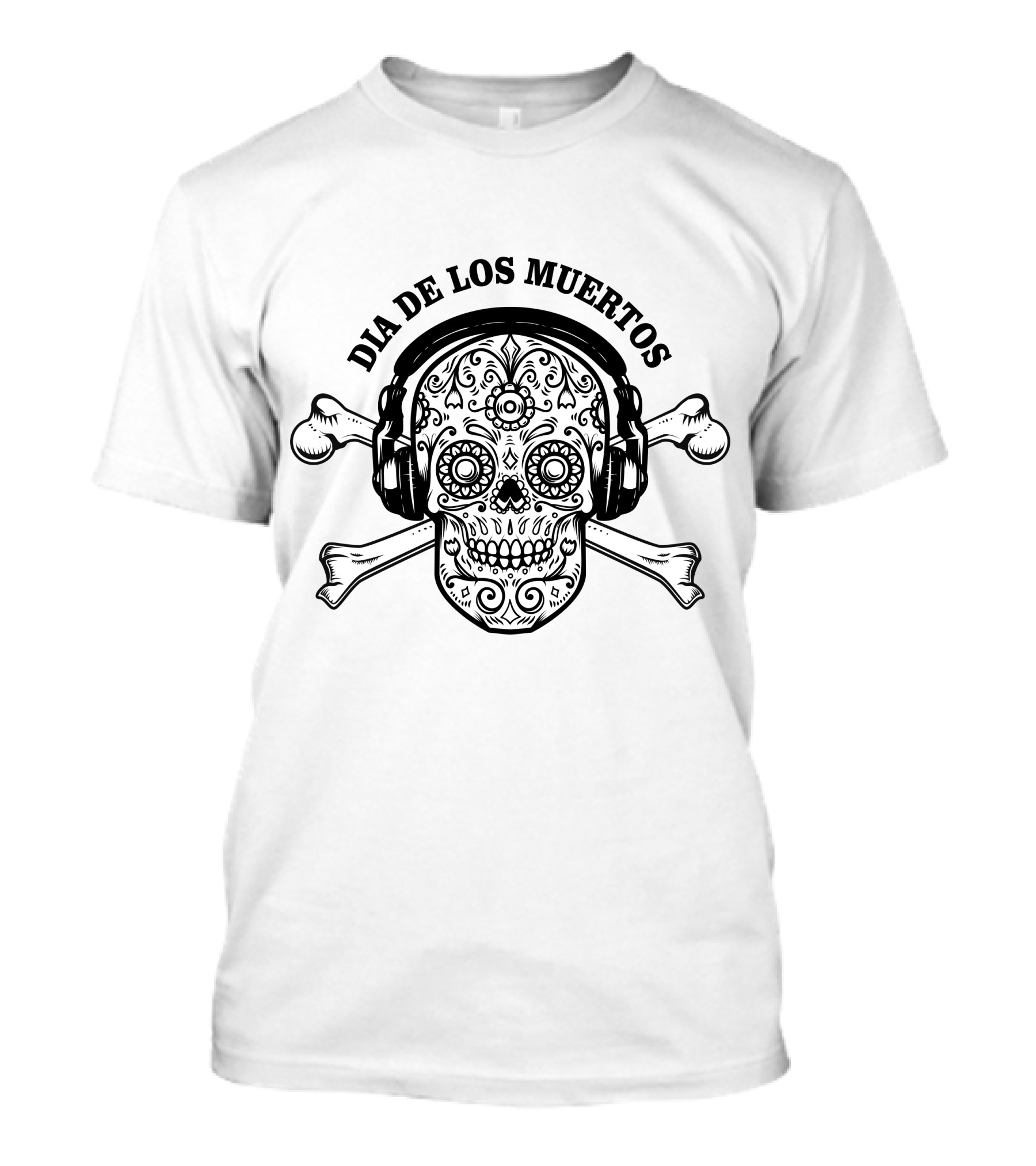 Dia De Los Muertos Funny Mexican Sugar Skull With Headphones And Crossbones T-Shirt