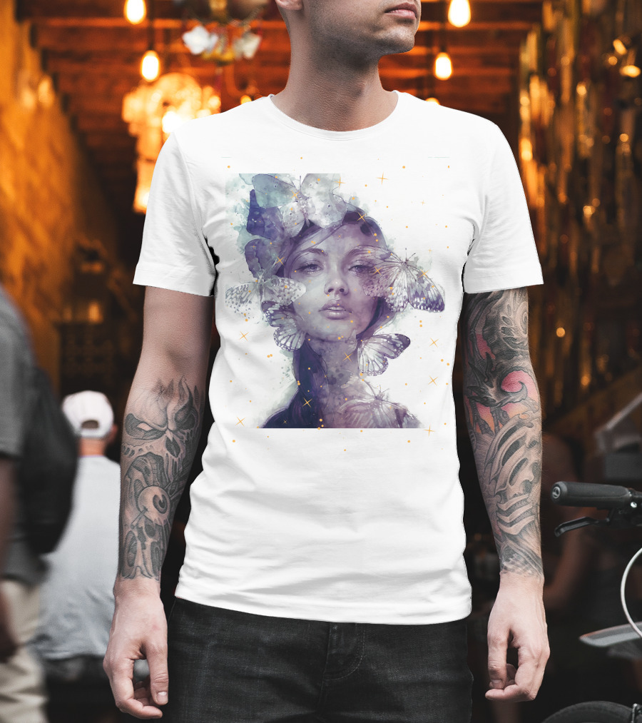 Butterfly And Girl Dreamy Watercolor Portrait With Stars T-Shirt