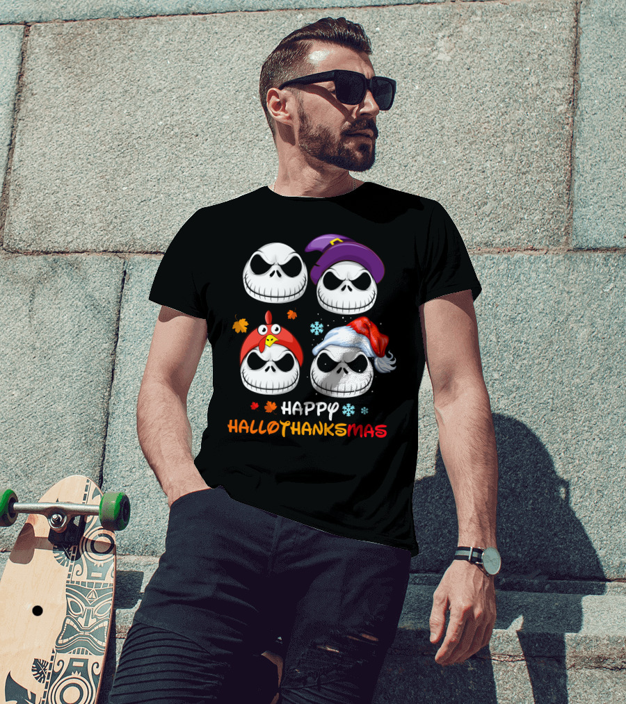Happy Hallothanksmas Jack Faces With Witch Turkey Santa Hats T-Shirt