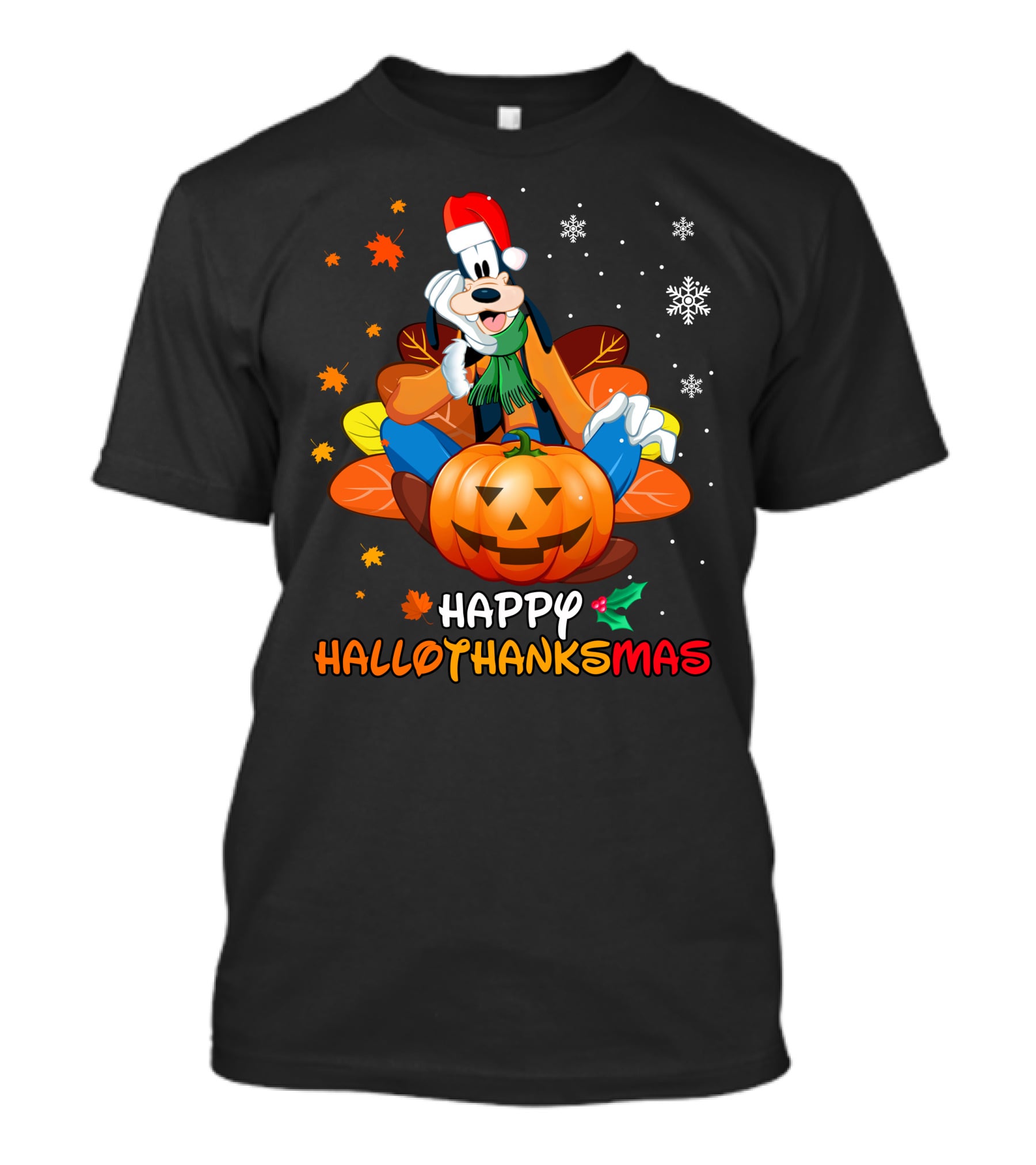 Happy Hallothanksmas Goober Leaves Pumpkin Snowflakes Santa Hat T-Shirt