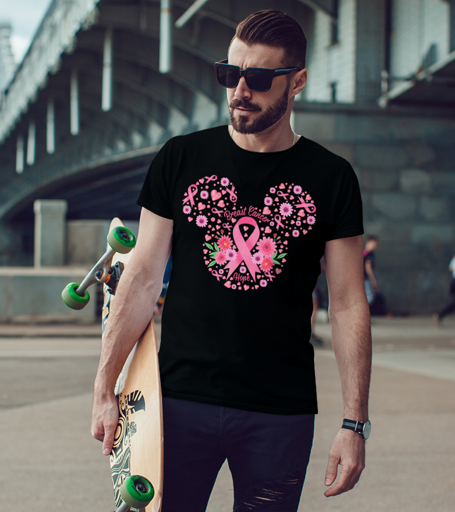 Breast Cancer Hope Pink Ribbon Floral Mickey Ears T-Shirt