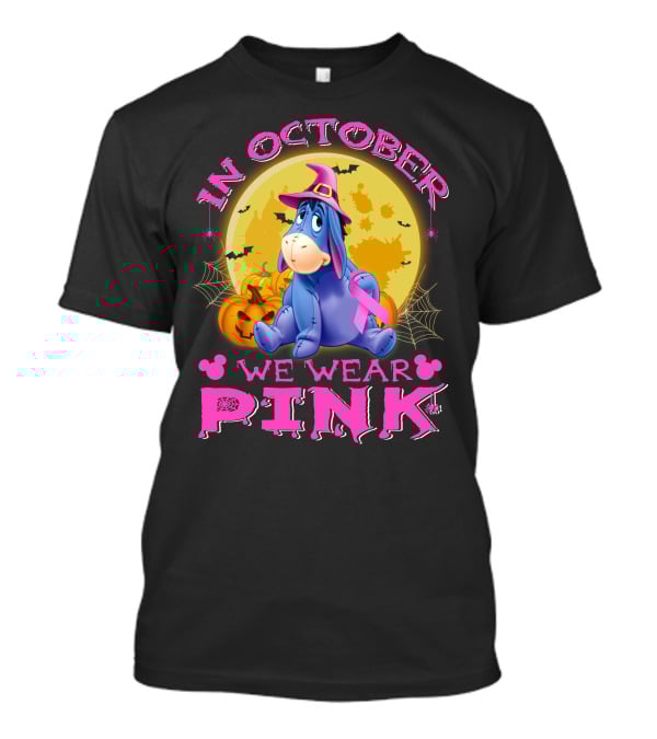 In October We Wear Pink Eeyore Halloween Ribbon And Pumpkins T-Shirt