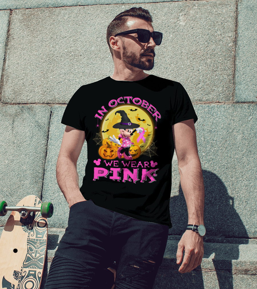 Minnie In October We Wear Pink Halloween Pumpkins Bats T-Shirt